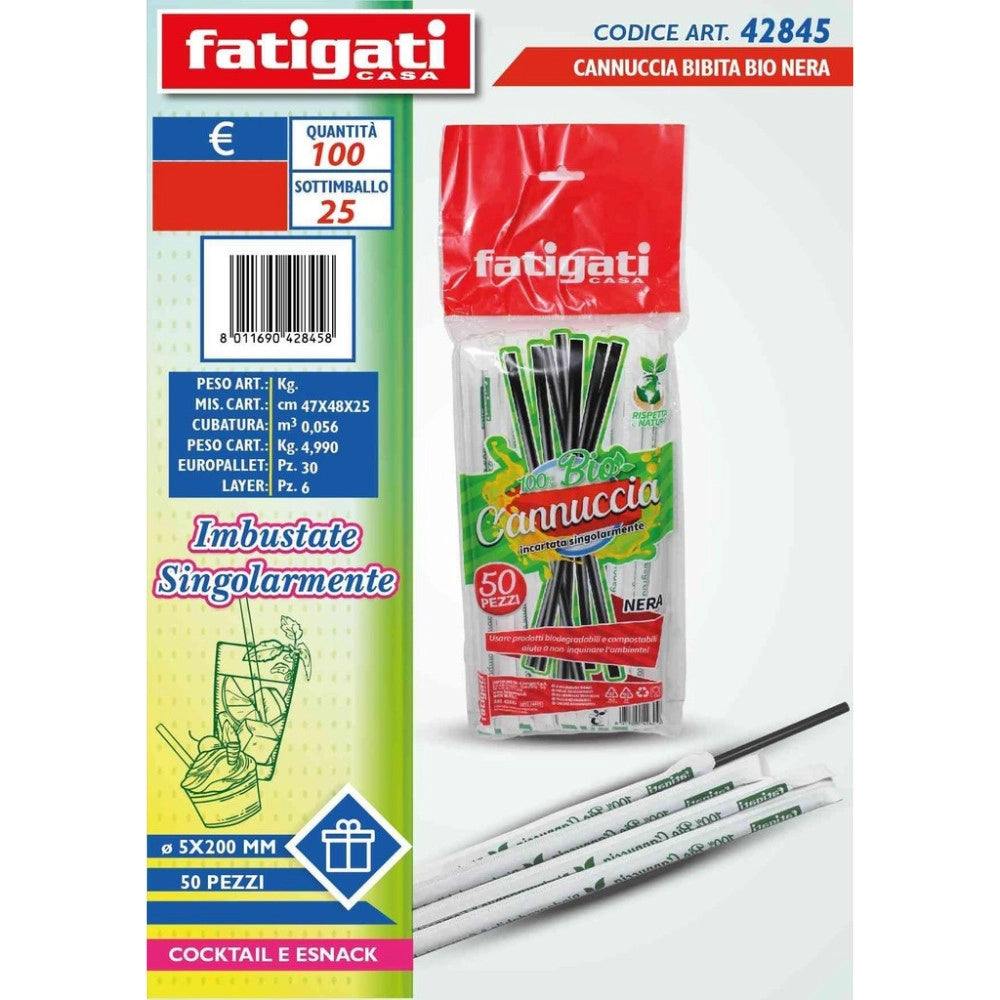 Trade Shop - Cannucce Bio Nere Imbustate Singolarmente 5x200 Mm 50 Pezzi Cocktail Snack -