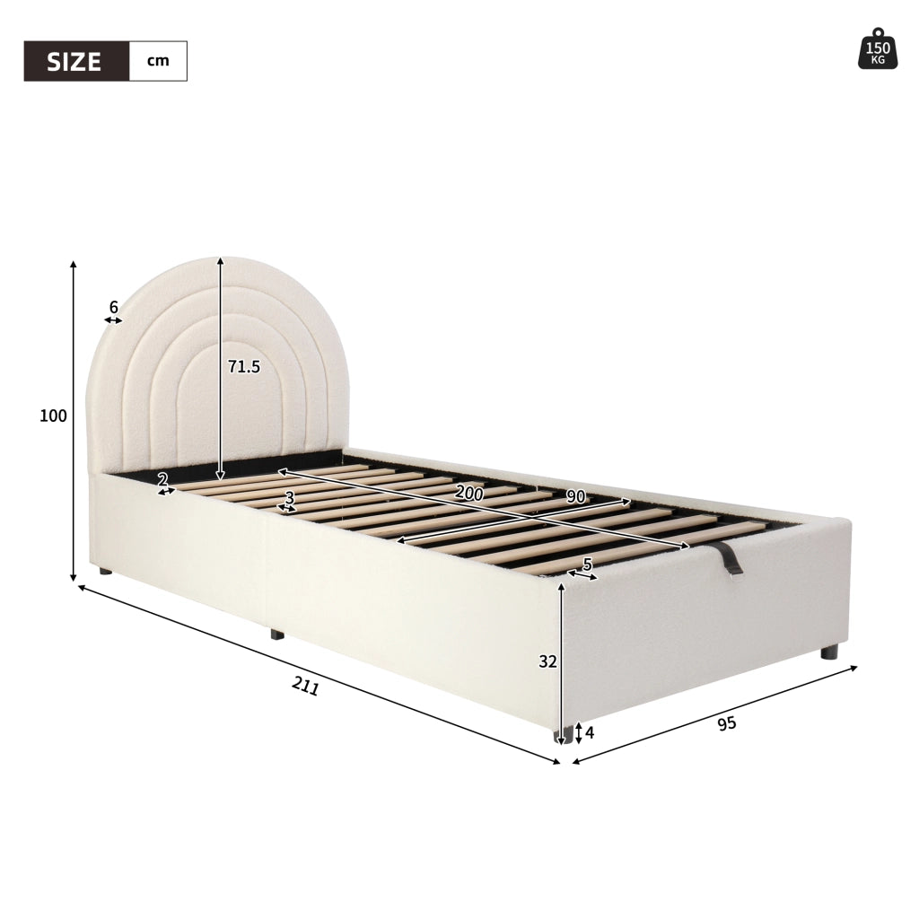 Letto imbottito 90x200 cm in bouclé beige con contenitore idraulico e testiera imbottita