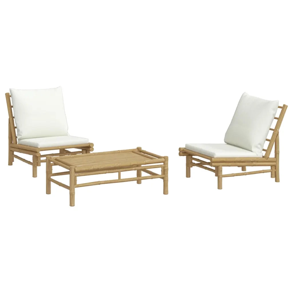 Set Salotto da Giardino 3pz | Set di Mobili da Esterno con Cuscini Bianco Crema in Bamb¨´