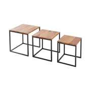 Tavolini bassi VORTEX in legno massiccio Sheesham e metallo nero – set di 3 tavoli quadrati stile industriale