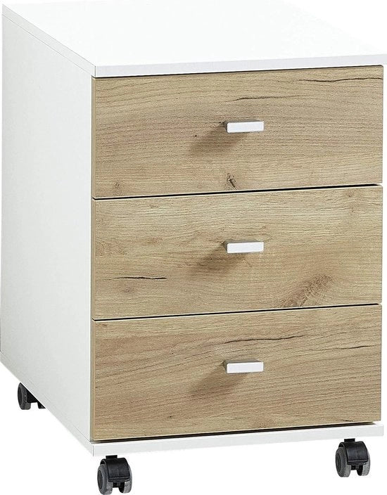 Cassettiere con ruote - bianco/imitazione quercia - 3 ante - 40 x 57 x 49 cm