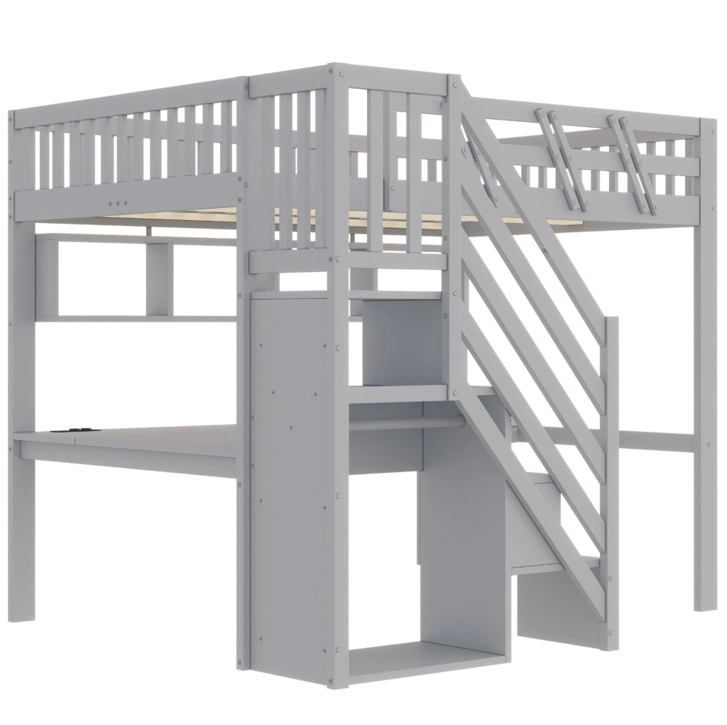 Letto a soppalco 140x200 cm con scrivania; LED; scale contenitore e prese; grigio