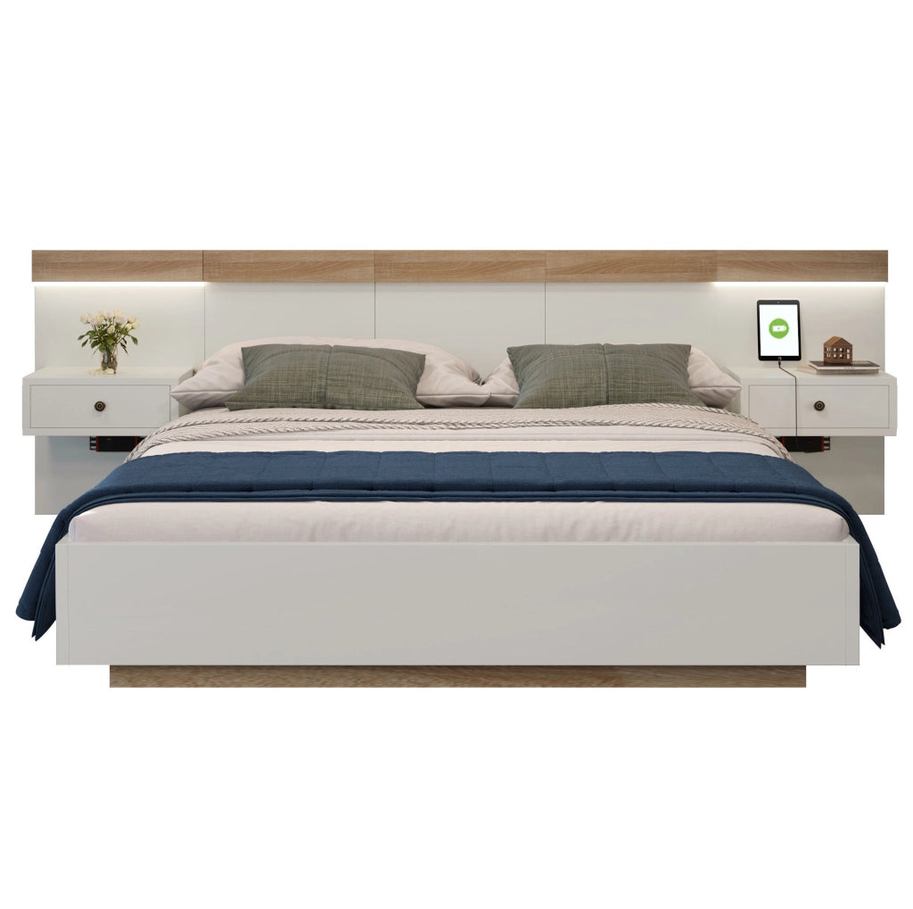 Letto matrimoniale 180x200 cm con 2 comodini LED, USB/Type-C, finitura Sonoma rovere e bianco