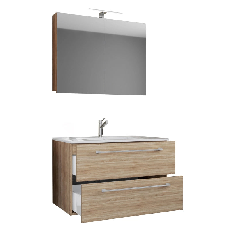 Completo di Ezooza Mobile Sospeso con 2 cassetti Large con lavabo in ceramica di alta qualità e mobile specchio, Rovere Sonoma ,
