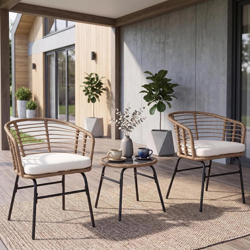 Salotto da Giardino per 2 Persone, Salottino in Rattan Include 2 Poltrone con Cuscini Imbottiti e Tavolino Rotondo con Piano in Vetro Temperato, Set da Esterno a 3 Pezzi per Balcone e Terrazza