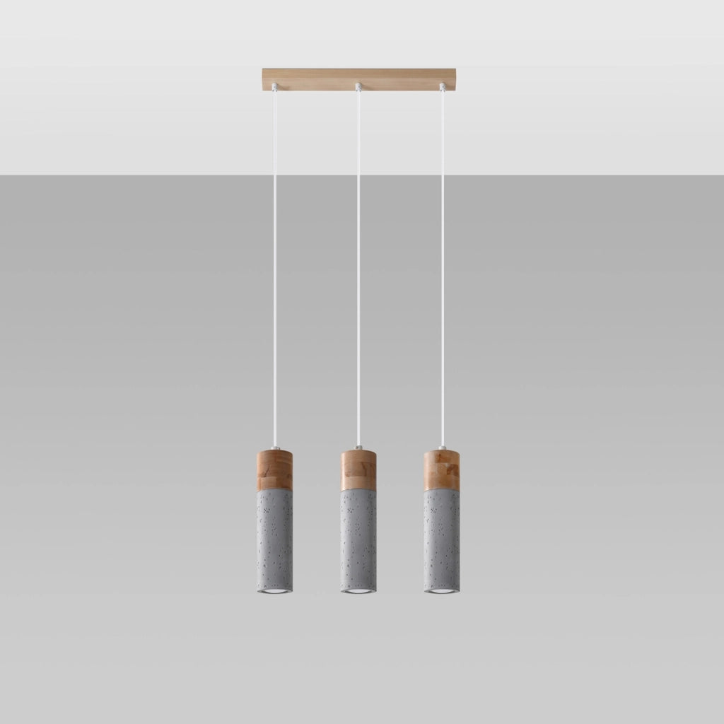 Lampada a sospensione industriale ZANE in cemento e legno a 3 luci 45x6x120 cm