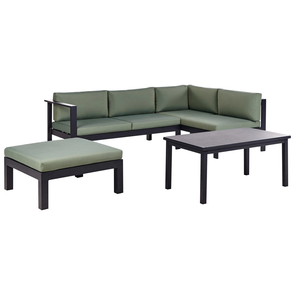 Set da giardino divano 5 posti e tavolo elevabile con struttura bianca e piano in vetro e cuscini nero e verde stile moderno scandinavo