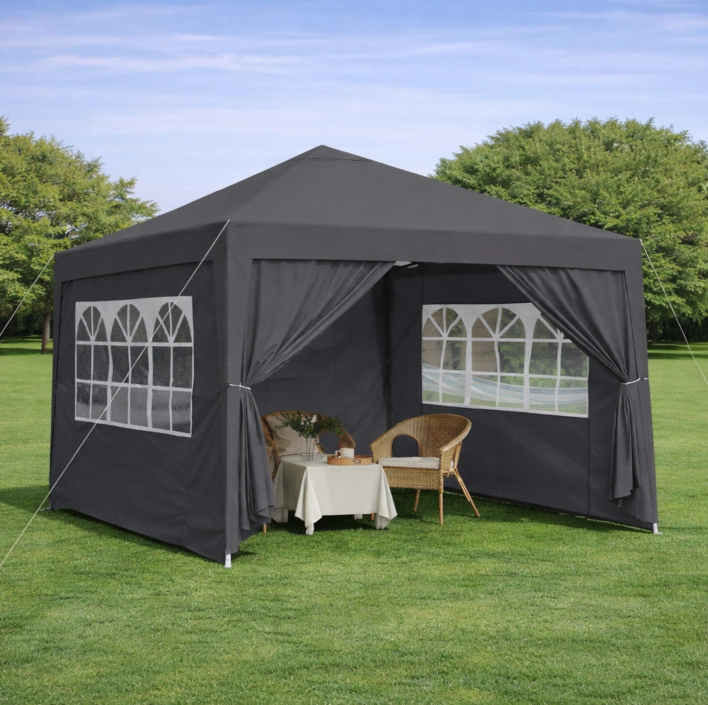 Gazebo pieghevole 3 x 3 m nero con pareti e sacchi di sabbia