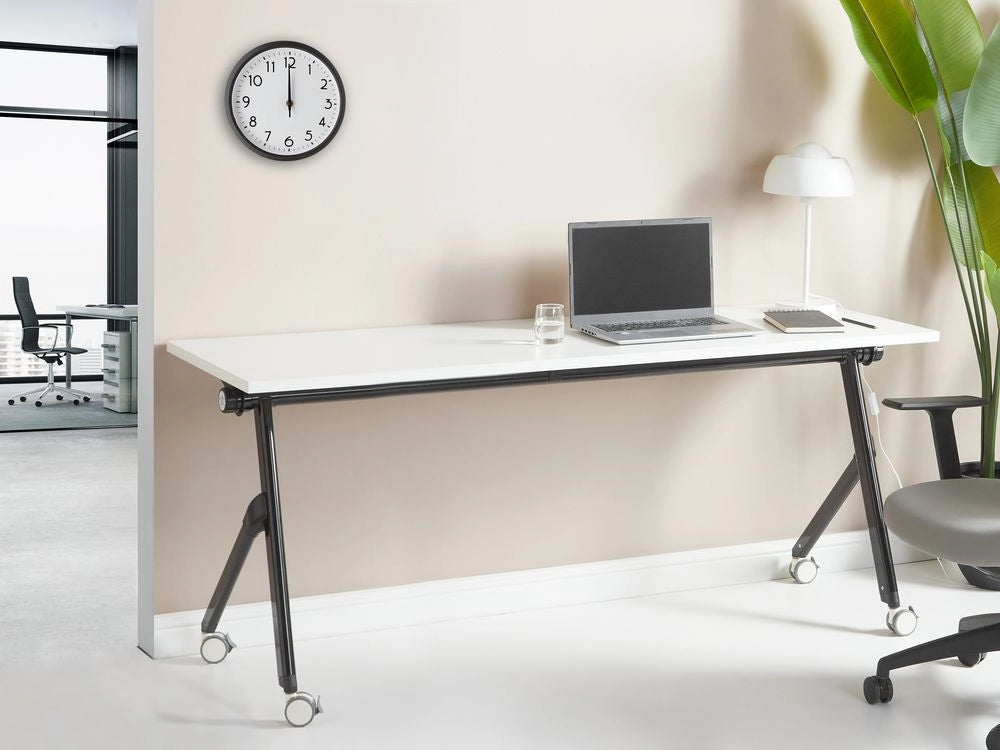 Scrivania rettangolare pieghevole con rotelle portatile con struttura in metallo bianco e nero 180 x 60 stile moderno