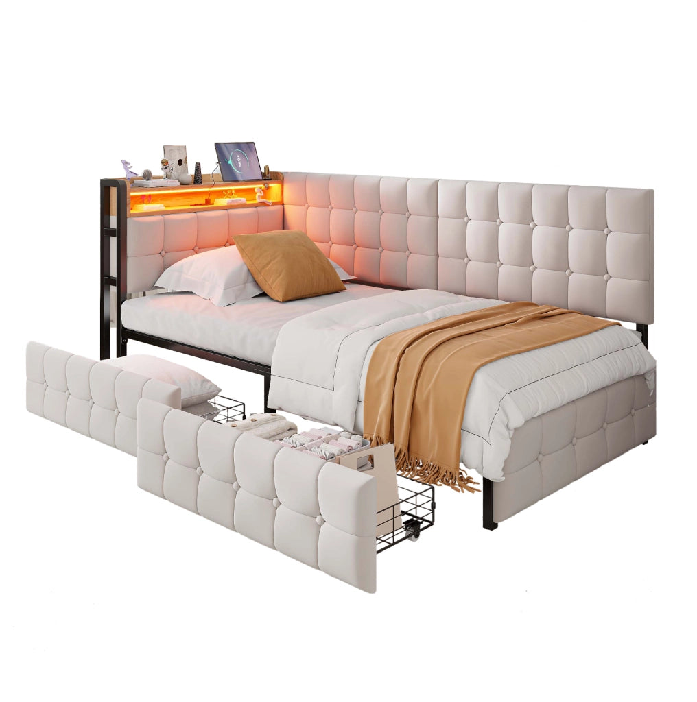 Divano letto 90x200 cm con 2 cassetti; LED e porte USB/Tipo-C in tessuto beige