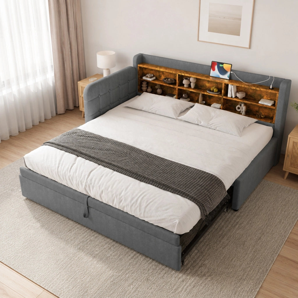 Letto estraibile 90x200 cm grigio con USB-C, vani portaoggetti e rete
