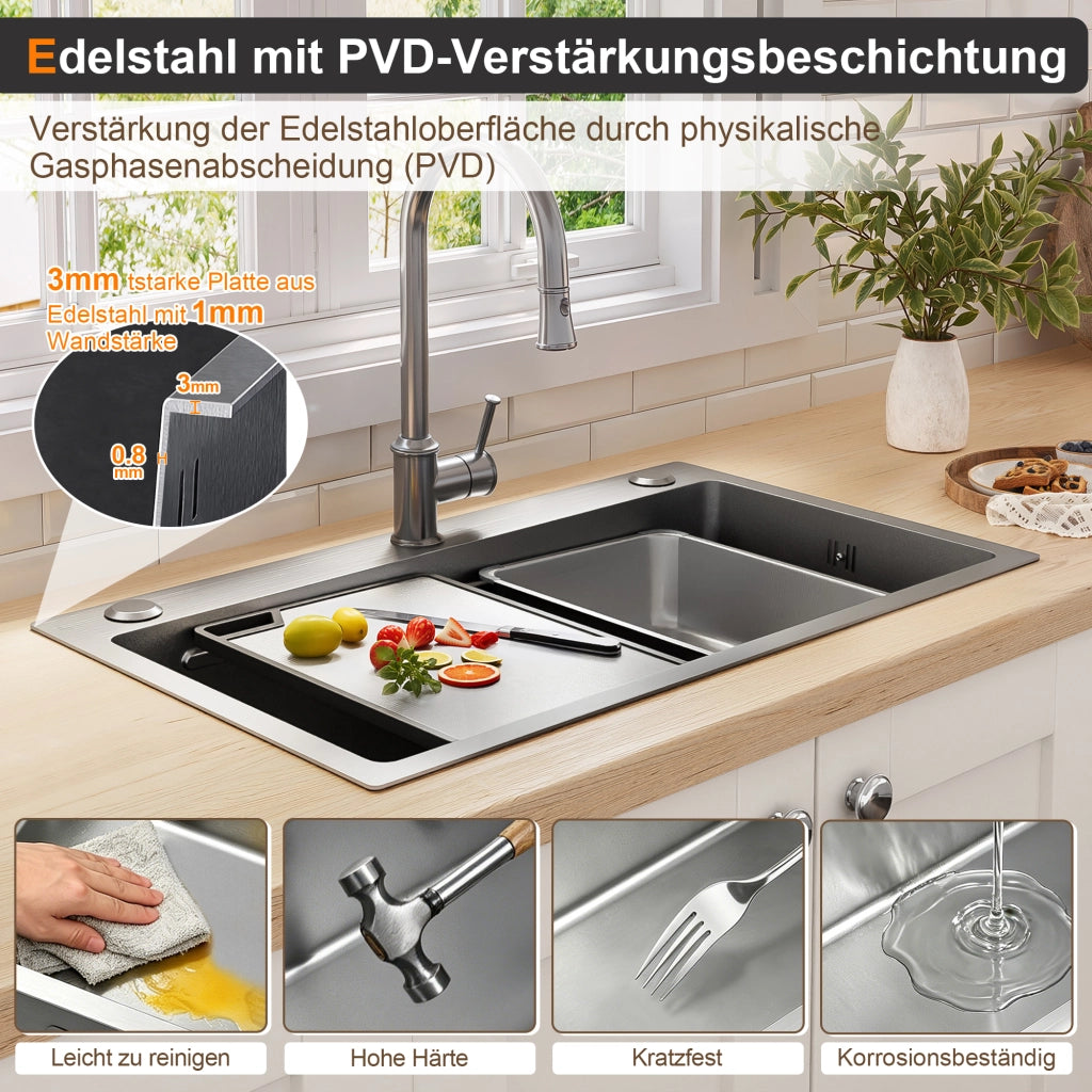 Lavello da incasso 75x45 cm in acciaio inox PVD argento con tagliere