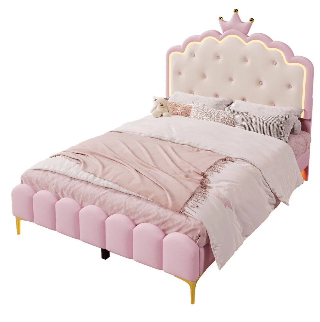 Letto principessa 140x200 cm con luci LED controllabili da app; PU; rosa (Senza materasso)
