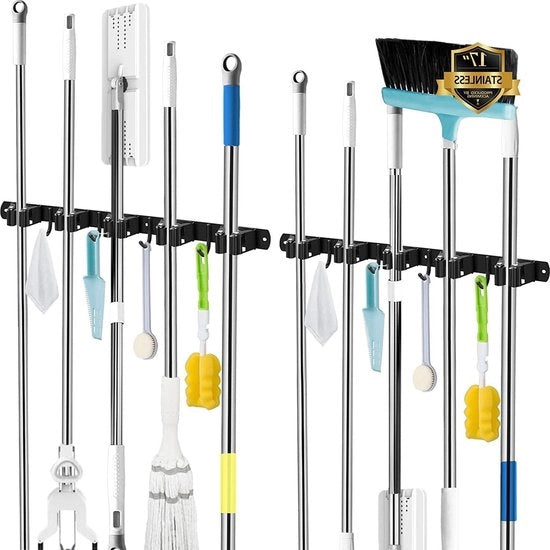 Supporto per Broom 5 contenitori - 4 ganci Nero - Autoadesivo - 2 Pack