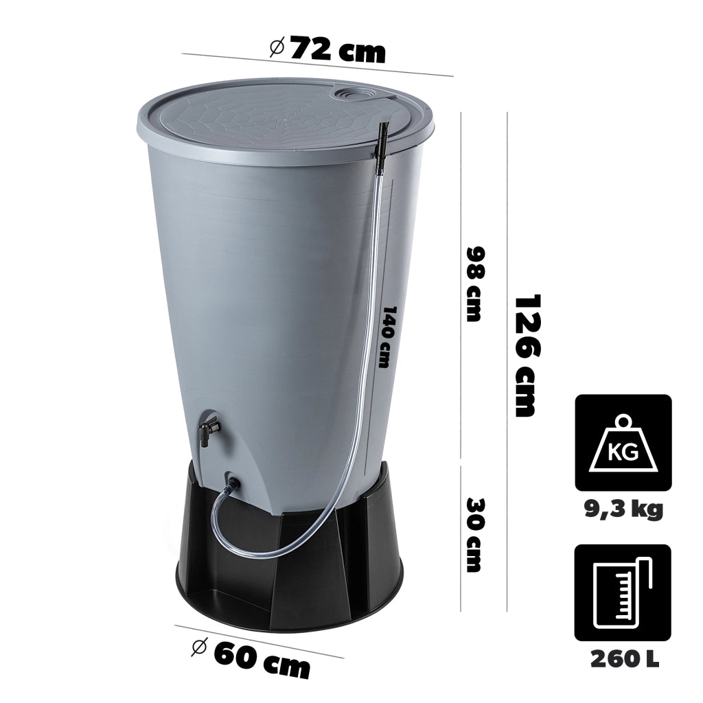 Serbatoio per acqua piovana KADAX 260L, kit di collegamento per barile d'acqua, base per rubinetto
