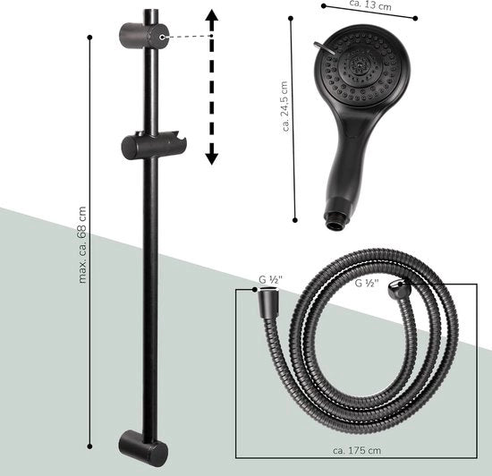 Set di doccia completo, inclusa doccia, tubo di doccia in acciaio inossidabile 1,75 m e maniglia 71,5 cm (nero)