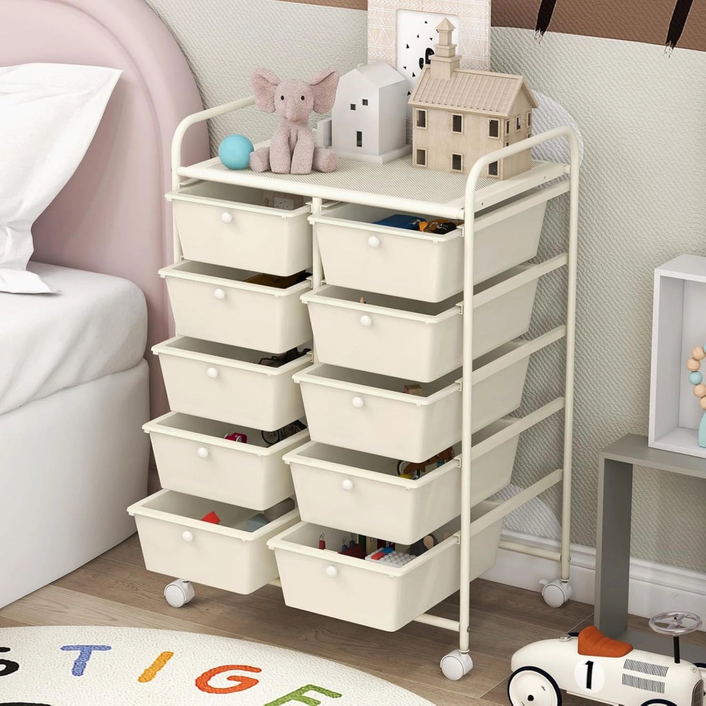 Carrello a 10 Cassetti con Ruote, di Stoccaggio con Stabilità Elevata, Multiuso per Casa Ufficio e Scuola, 65,5 x 37 x 87 cm (Bianco)