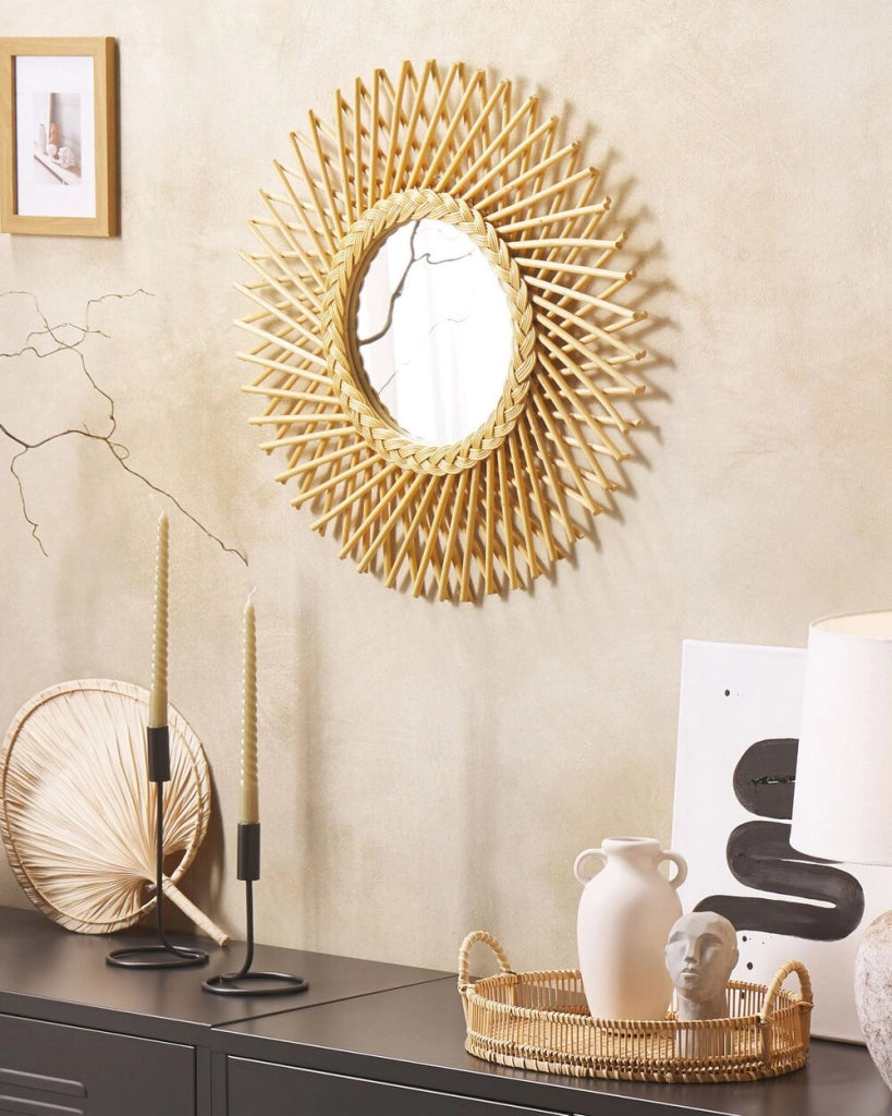 Specchio da parete in rattan naturale 60 cm Boho Forma di Sole Ganci di montaggio Soggiorno Camera da letto