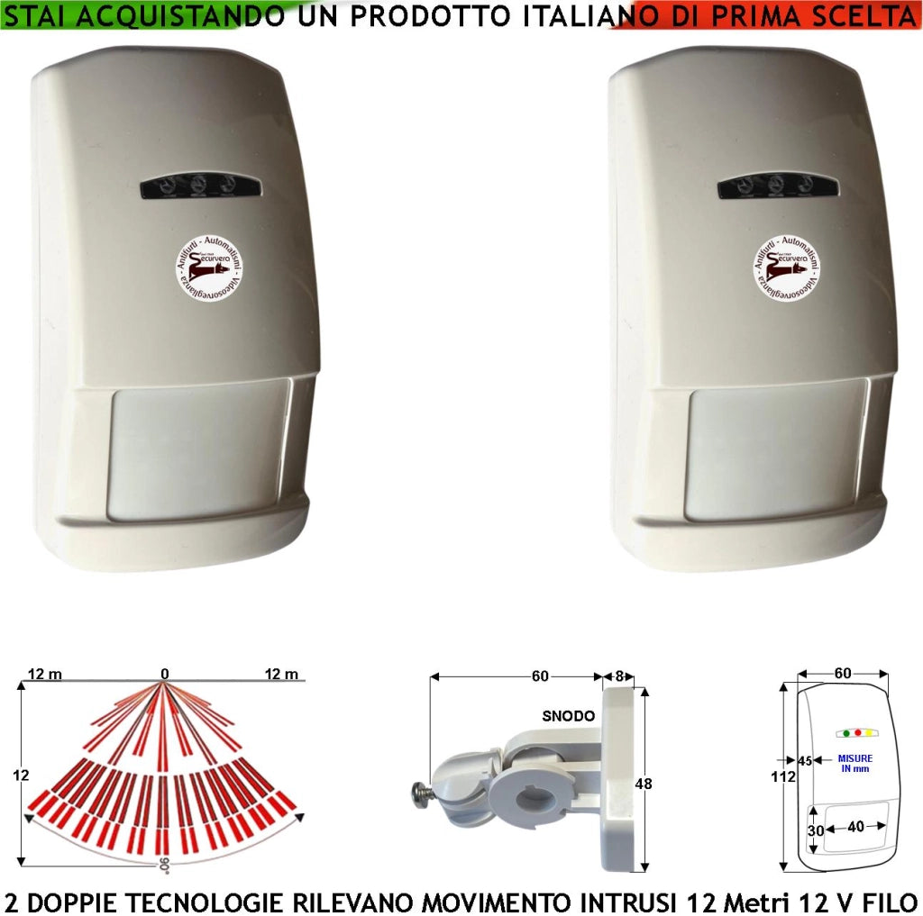 Sensore di Movimento Per Antifurto 2 Doppia Tecnologia Grandangolo Portata 12 MT da Interno Rileva Intruso Alimen. 12 V Assorb. 40 mA Infrarosso Lente 25 Fasci su 4 Piani Contenitore Bianco Snodo ABS