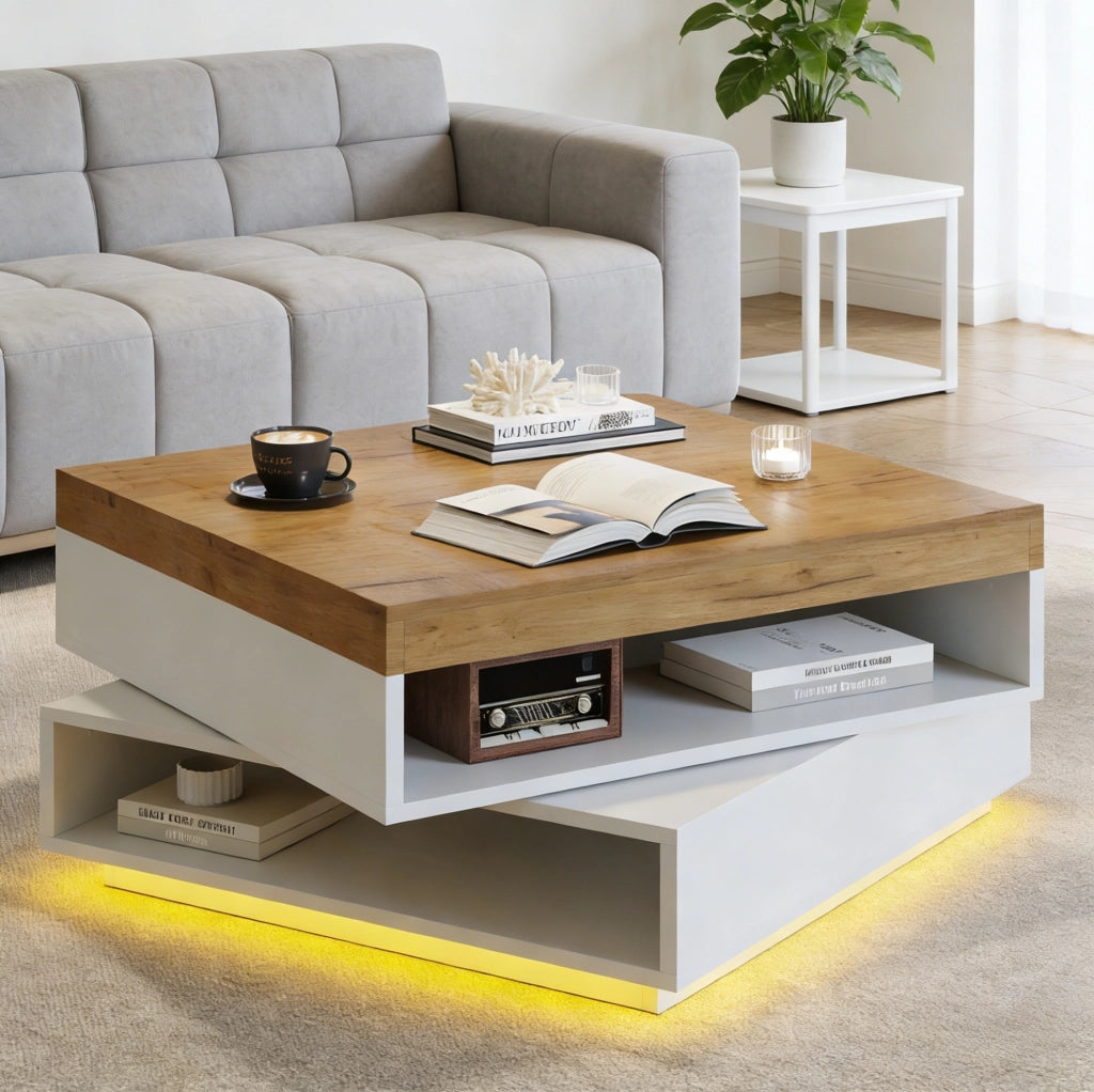 Tavolino da caffè girevole 360° con LED, 65x65x40 cm