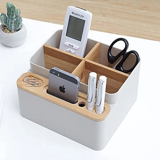 Organizzatore per scrivania in legno, contenitore per oggetti, con spazio di archiviazione per penne, gioielli e cosmetici.