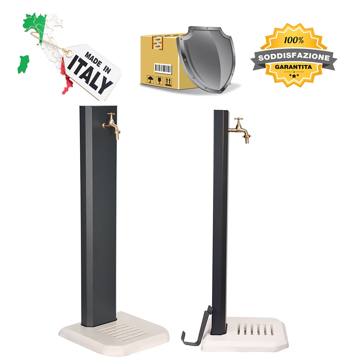 Fontana da Giardino Design a Colonna Ovale Rubinetto in Ottone con Base in Cemento Antracite