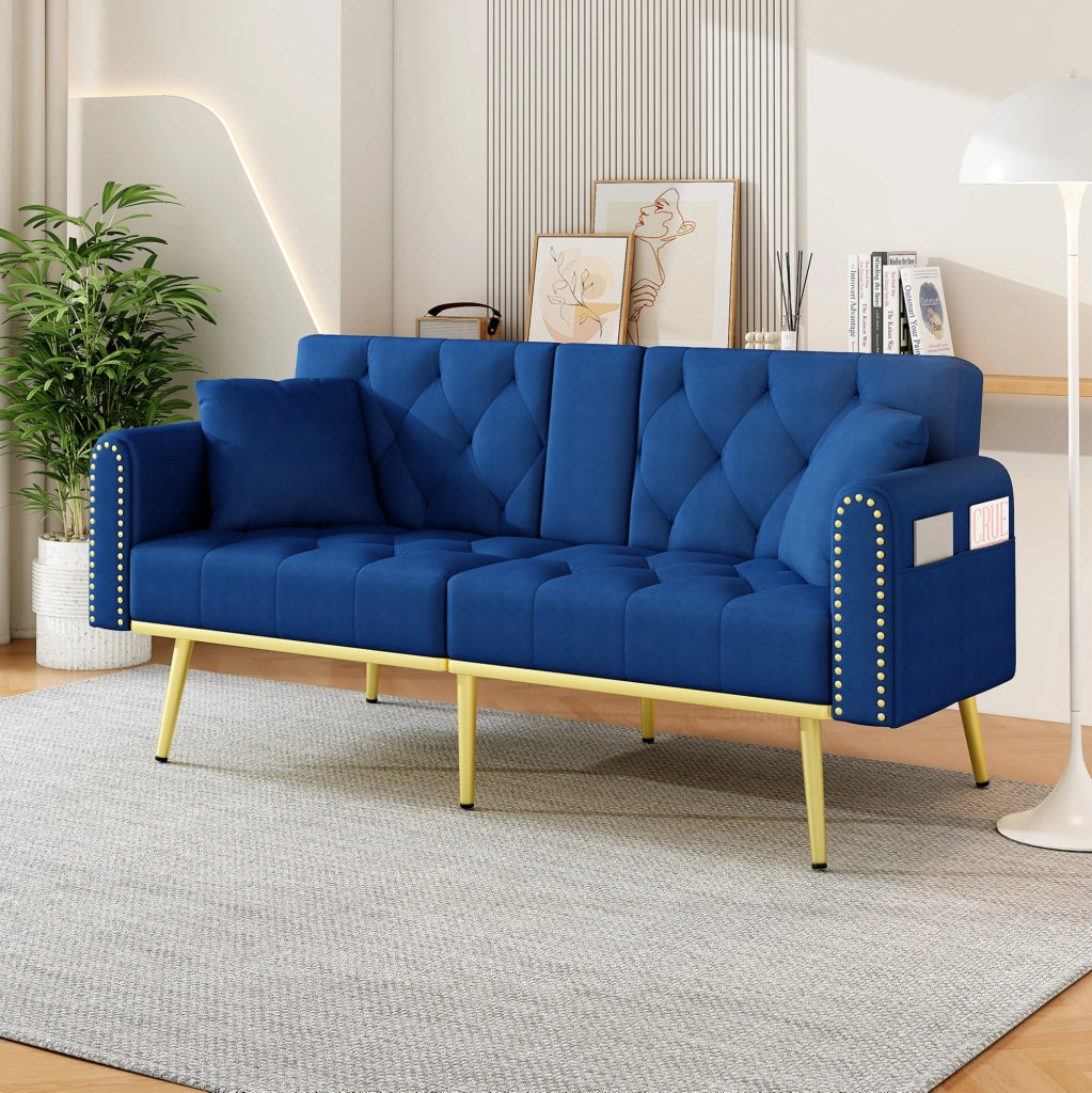 Divano letto 2 posti in velluto blu con schienale reclinabile