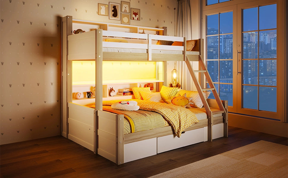 Letto a castello 90 × 200 cm e 140 × 200 cm con LED, scomparti, cassetto, senza materasso, pino bianco e naturale