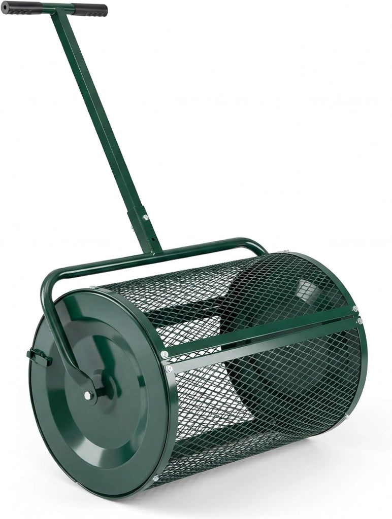 Spandiconcime a Rullo, Rullo da Giardino con Impugnatura Pratica Chiusure Laterali e Rete in Metallo per Concimazione e Semina, Spandiconcime per Prato e Giardino (40 x 61 cm Verde)