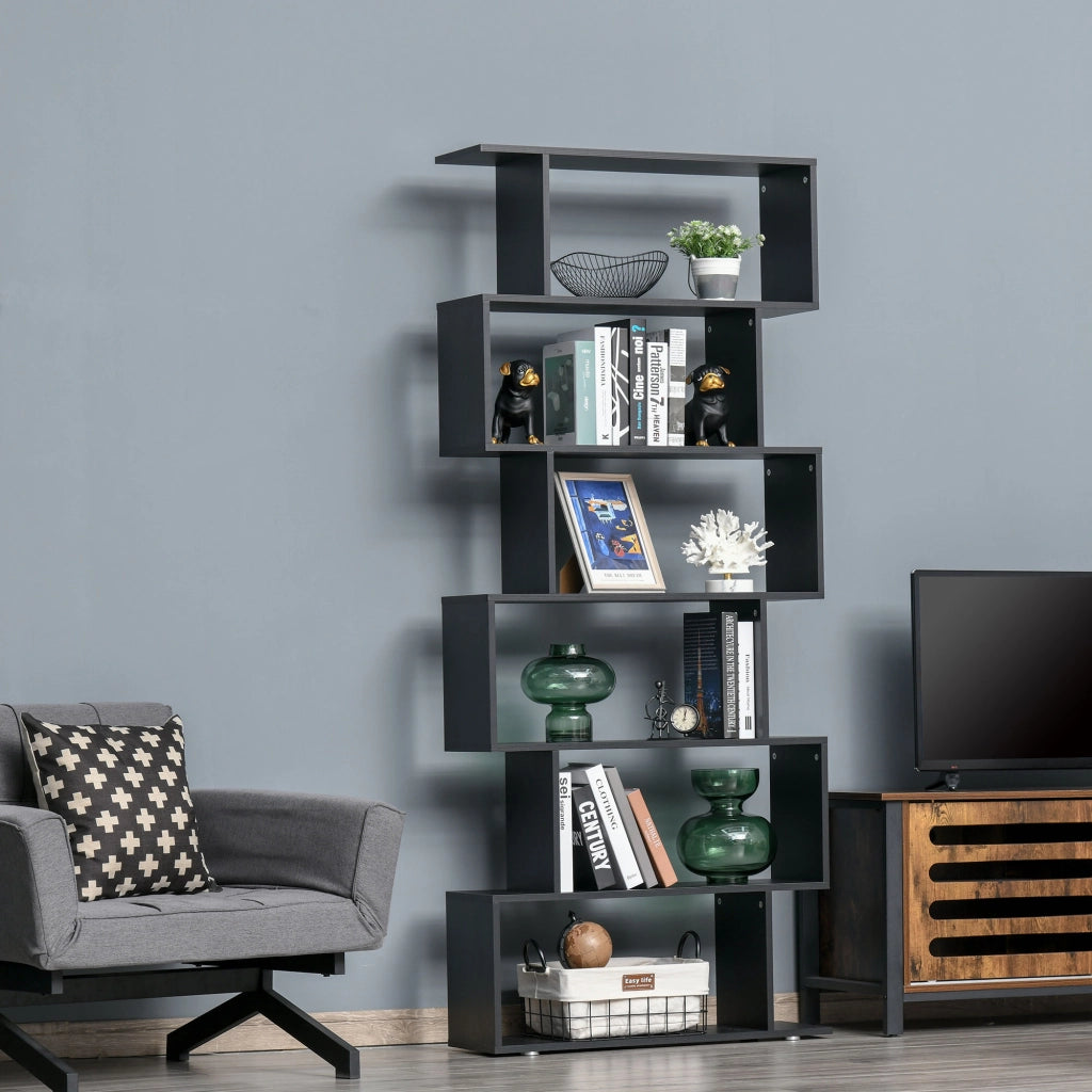 EasyComfort Libreria di Design, Libreria a Parete Nera, 6 Ripiani Scomposti, Struttura a Zig-Zag, Moderna, Resistente, in Legno, per Salotto e Ufficio, 80x24x191cm, Nero