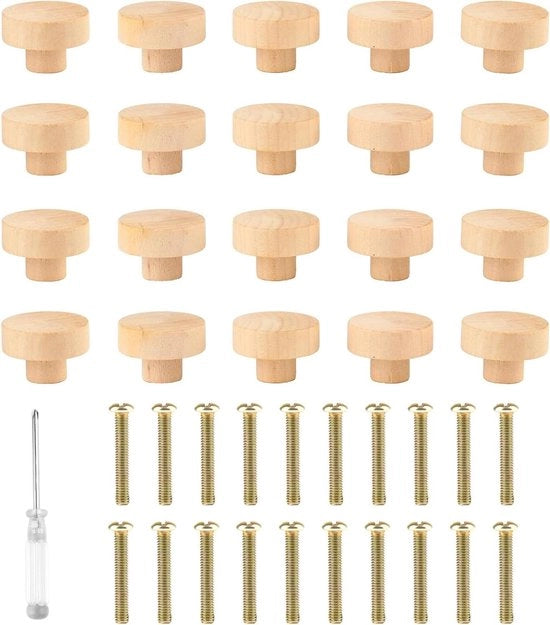 Knoppi di legno per porte - 20 pezzi per porte scorrevoli - maniglie di legno con viti e chiave a croce - maniglie rotonde per armadi, cassetti e cassetti - 35 x 25 mm maniglie per armadi per bambini