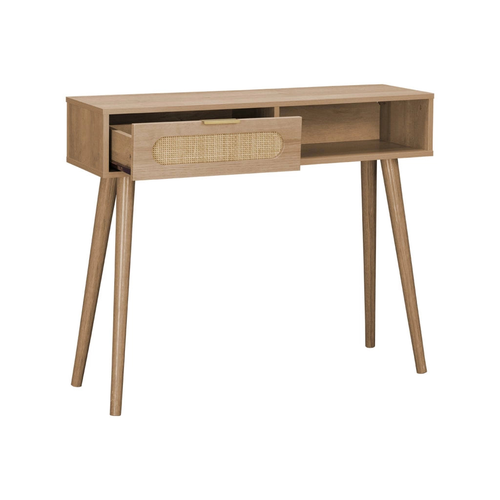 Consolle scandinava in canna e legno, 100cm, marrone naturale