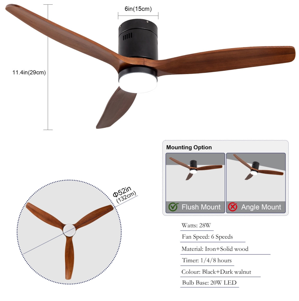 Ventilatore da soffitto 52" a 3 pale in legno massello con LED dimmerabile; nero e noce scuro