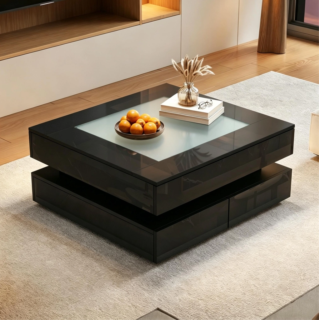 Tavolino da salotto quadrato 70 x 70 x 35 cm con 3 cassetti; vetro temperato e LED; nero