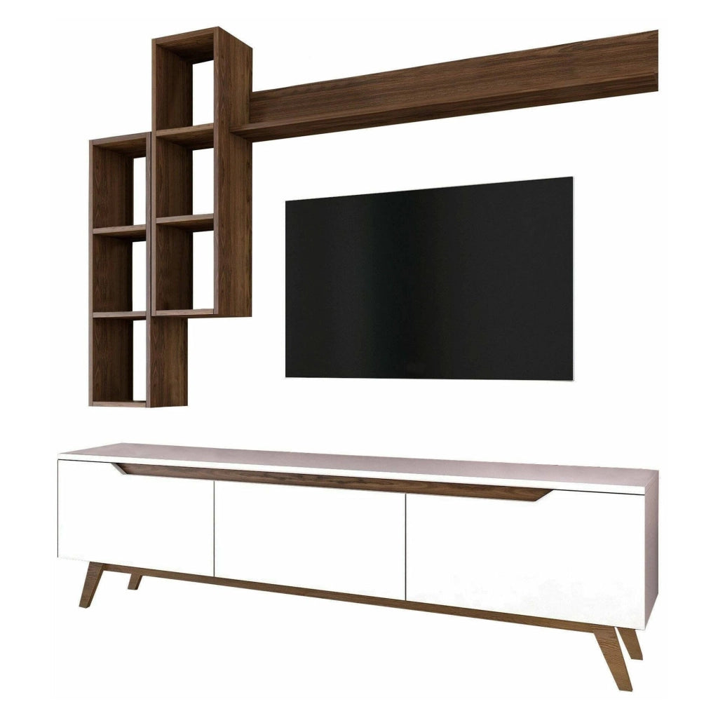 Parete attrezzata Atax, Composizione soggiorno, Mobile salotto multiuso, Armadio porta TV, 180x35h49 cm, Bianco e Noce