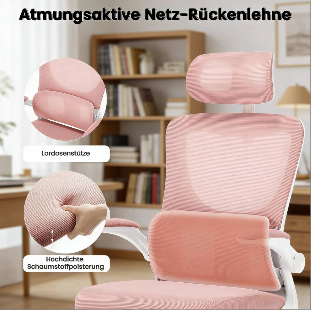 Sedia da ufficio ergonomica rosa con rete, poggiatesta e funzione dondolo