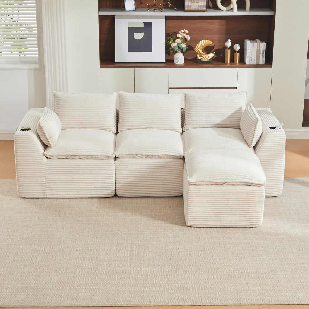 Divano modulare 3 posti con cuscini e tasche laterali in corduroy beige per salotto e ricevimento 256 × 161 × 75 cm