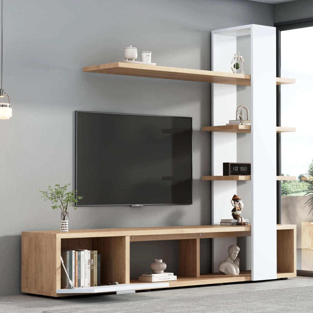 Mobile TV- sospeso- bianco/rovere- 180x33.5x151.5 cm- per TV 60"
