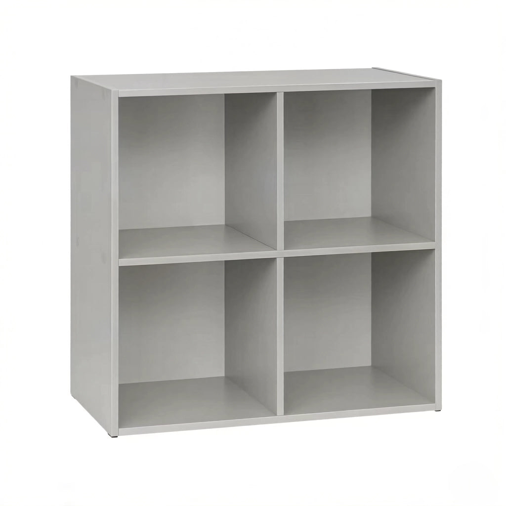 Libreria a cubi compatta a 4 scomparti, scaffale aperto multiuso in legno ingegnerizzato, colore grigio