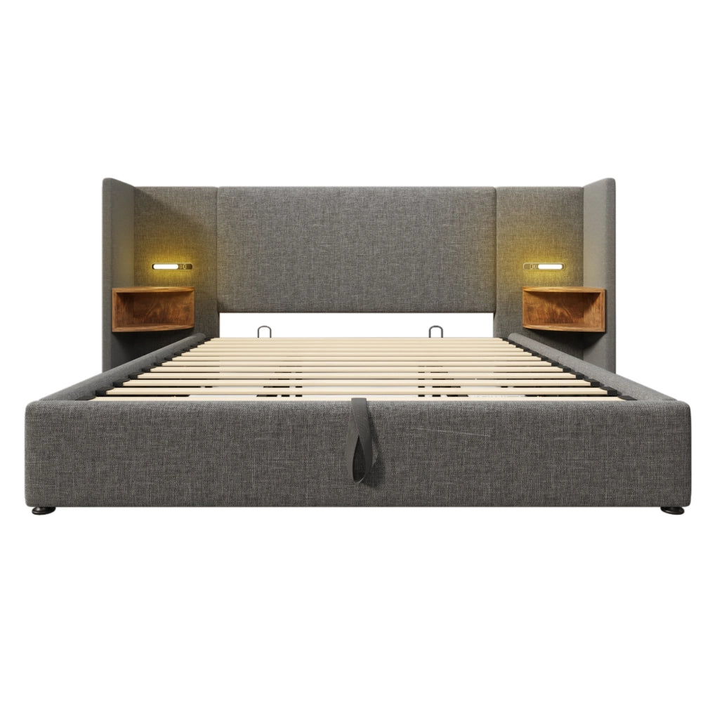 Letto matrimoniale 180x200 cm con contenitore; testiera con luce lettura USB e Type-C; grigio