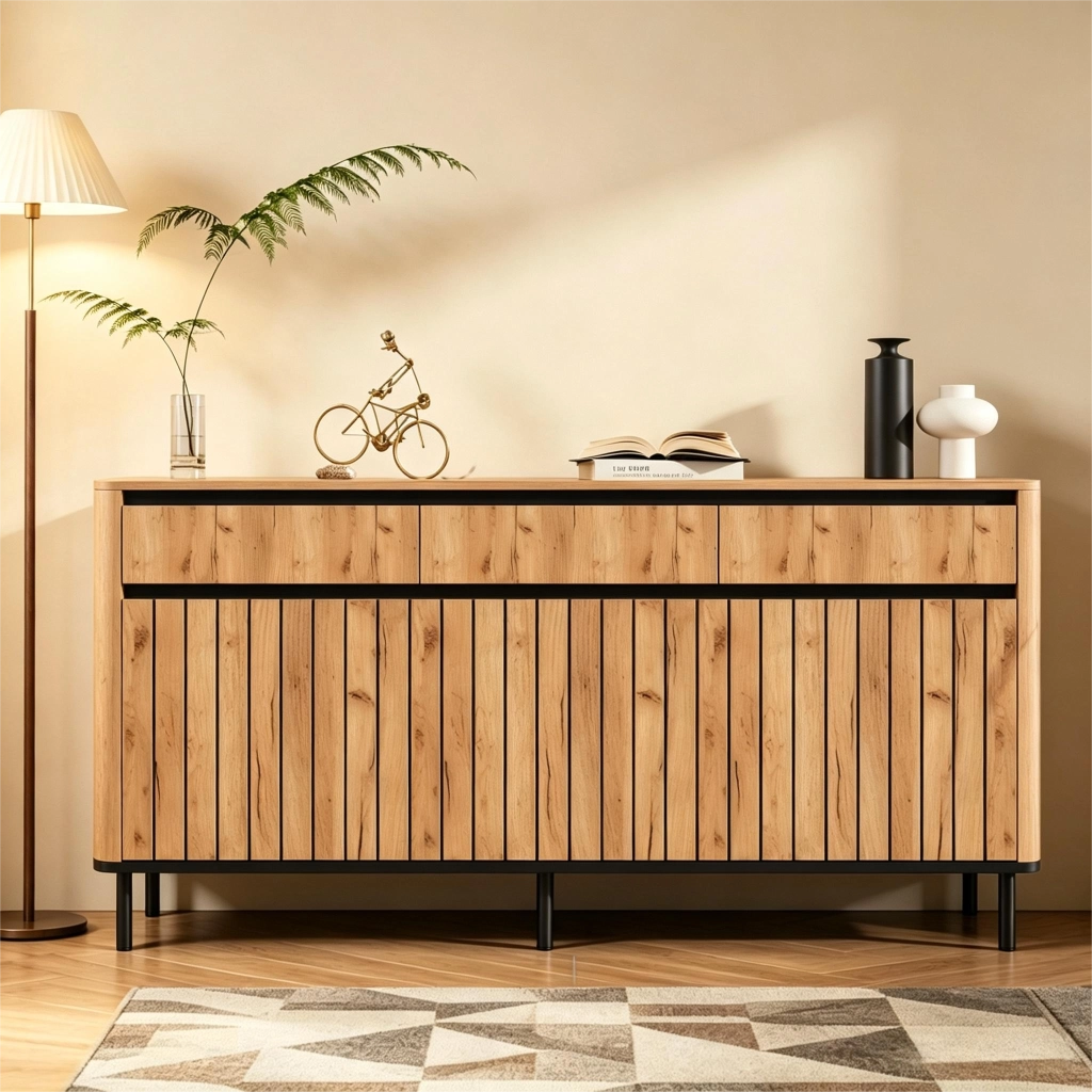 Credenza e madia con 3 cassetti e 3 ante a lamelle, per soggiorno e ingresso, in MDF naturale 160 × 40 × 73 cm