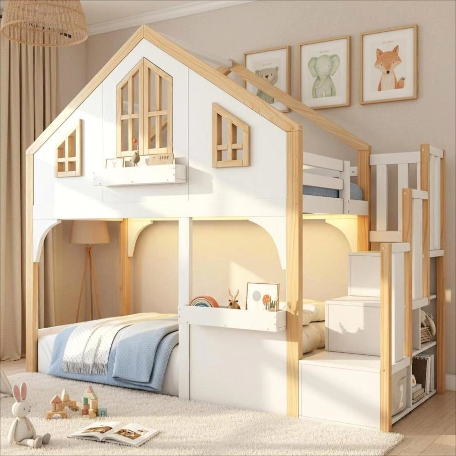 DESMIU Letto a castello per bambini 90 × 200 cm con scala contenitore, finestra e LED, senza materasso, bianco