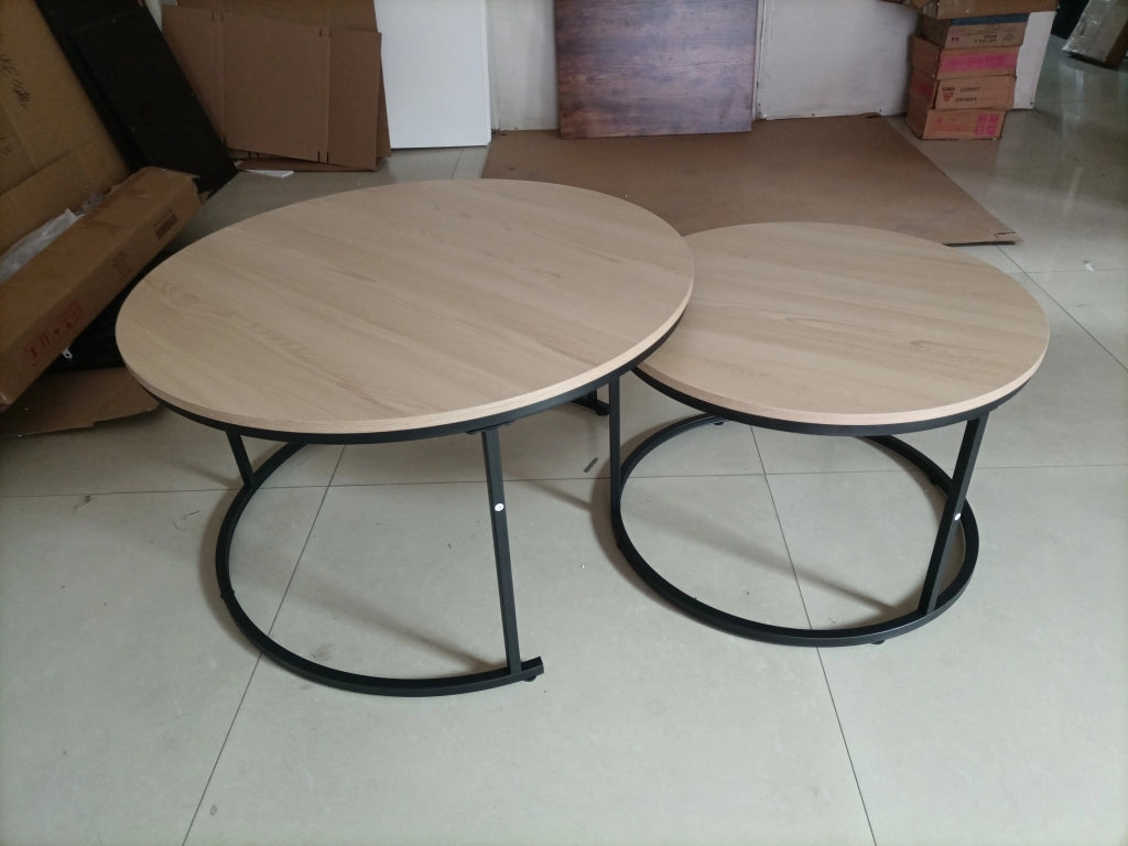 Tavolini bassi impilabili rotondi con struttura in metallo 2 pezzi per soggiorno in truciolato rovere moderno