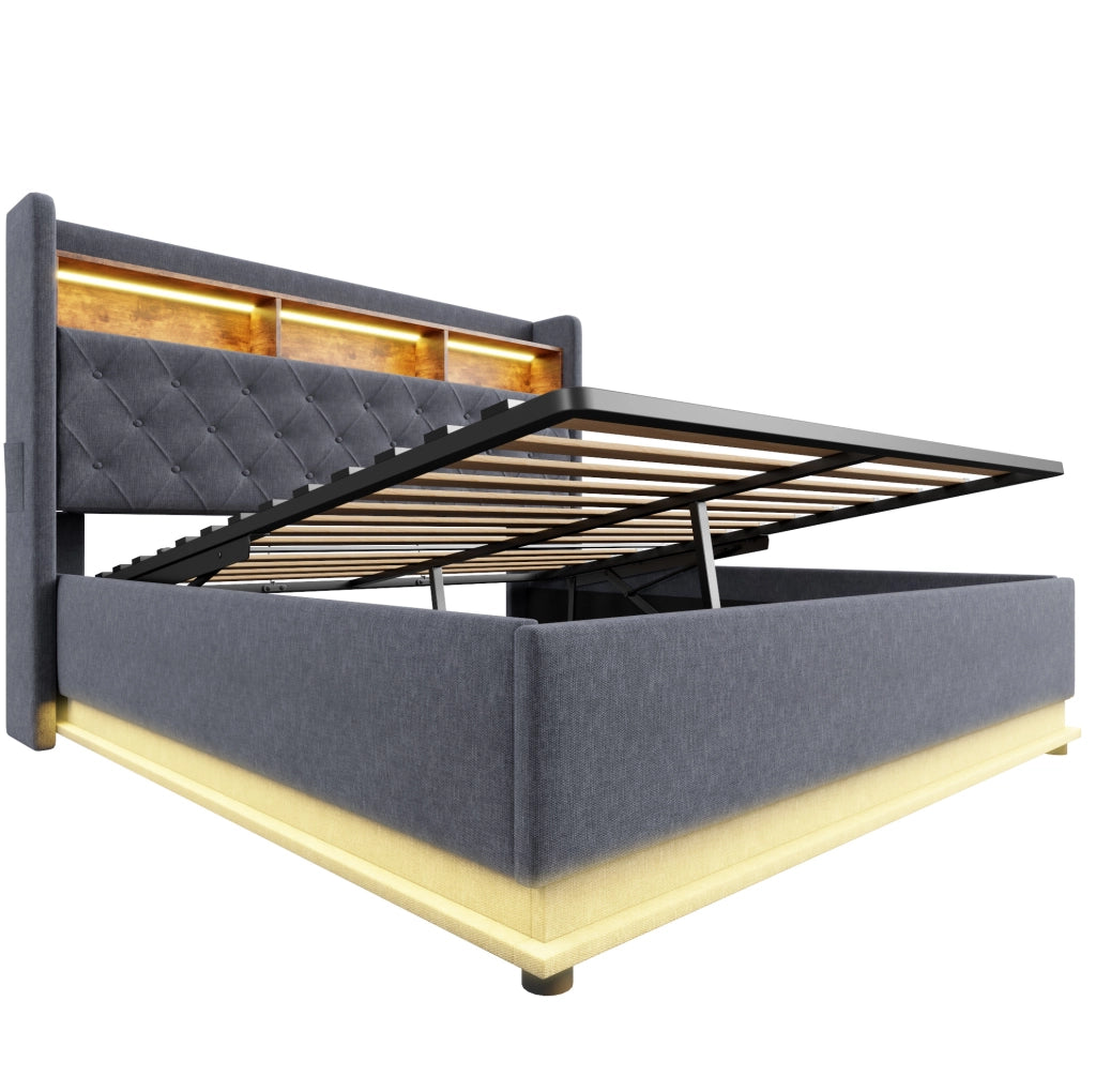 Letto imbottito con LED e porta USB 160x200 cm; contenitore idraulico; tessuto effetto lino grigio