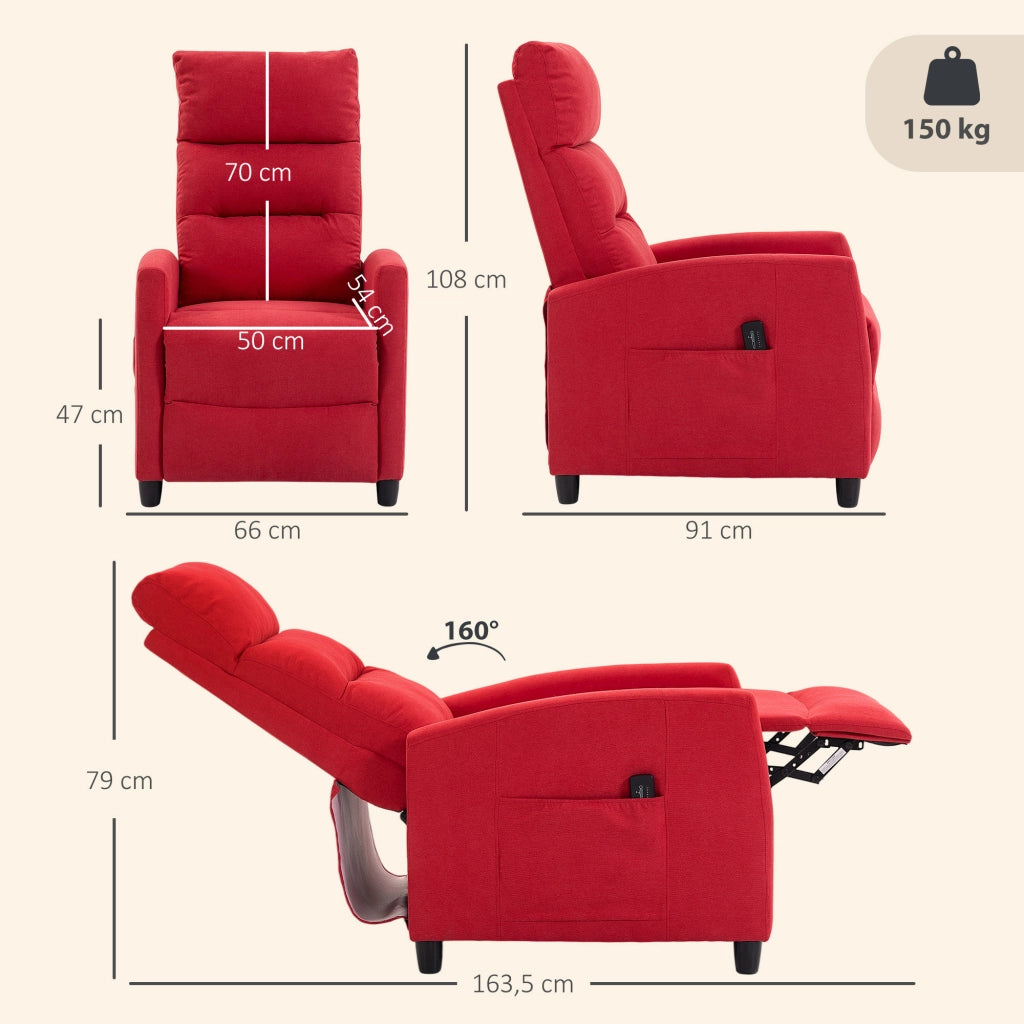 Poltrona Massaggiante  66x91x108 cm Reclinabile a 160° con Poggiapiedi e Telecomando in Ciniglia Rosso Vino