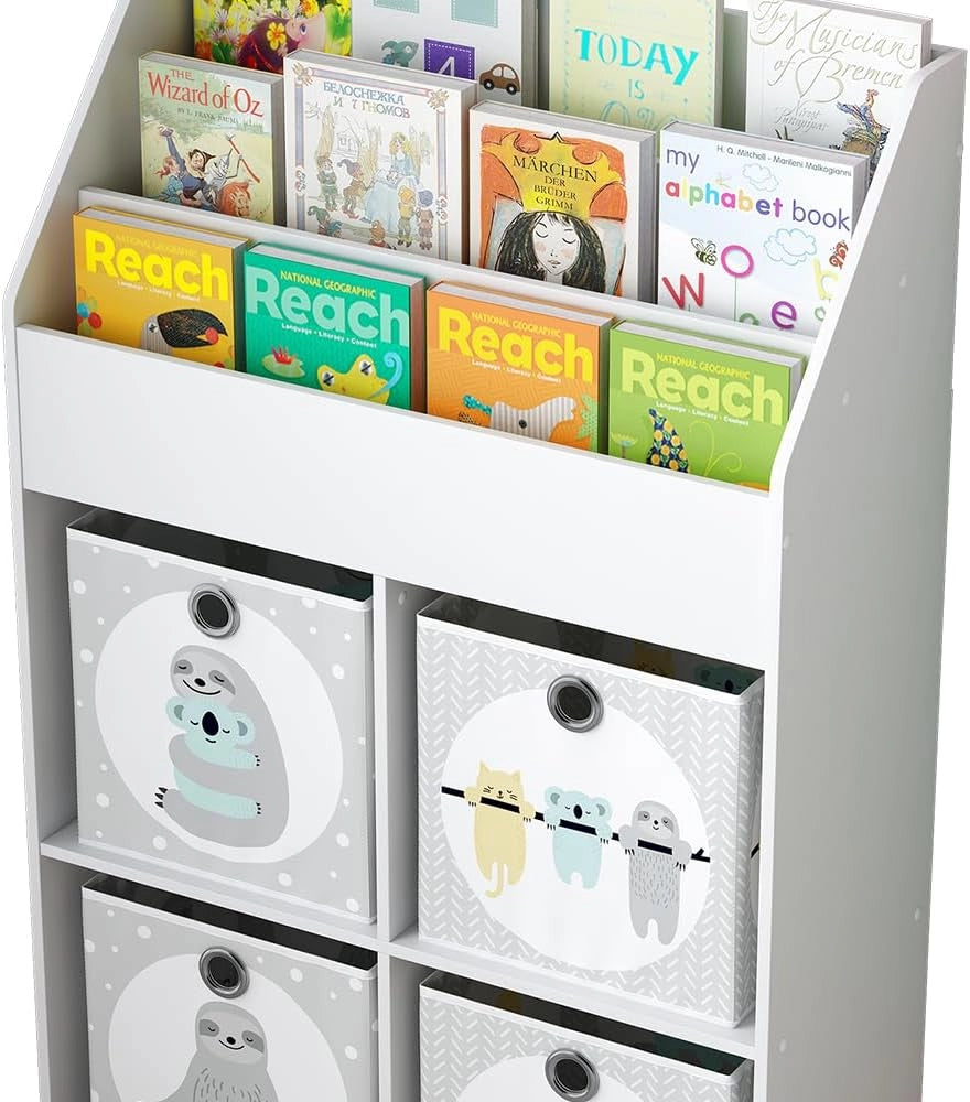 Libreria bambini Conny, Bianco, 72 x 111 cm con 4 ripiani per scatole pieghevoli, adatto per riporre giocattoli e libri