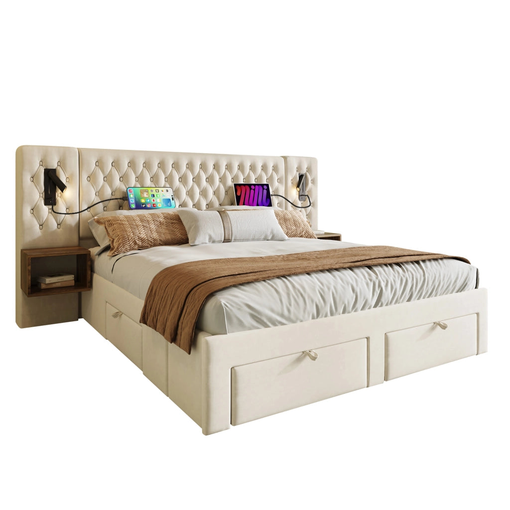 Set completo 180x200 in velluto beige 2 comodini 4 cassetti luce USB senza materasso