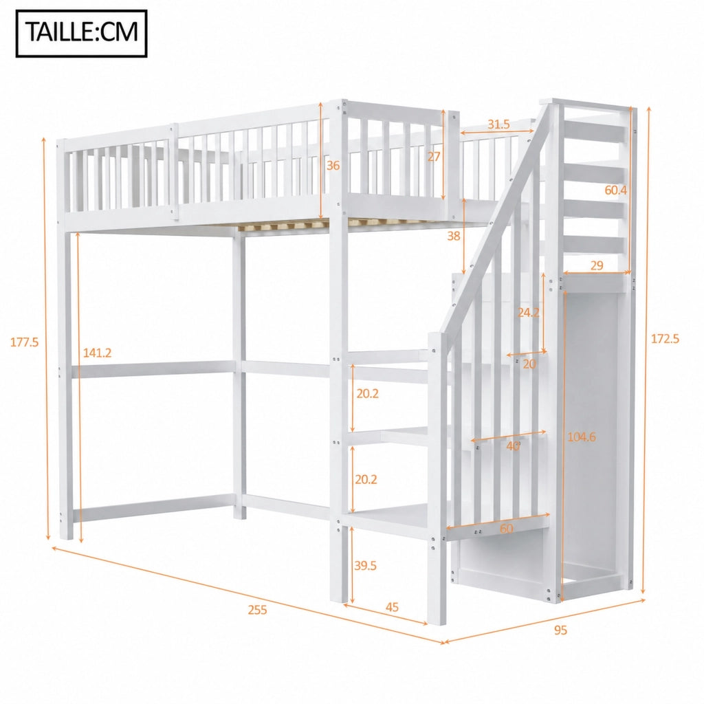 DESMIU Letto a Soppalco 1 Posto con Scala Contenitore e Armadio 90 × 200 cm, senza materasso, Bianco