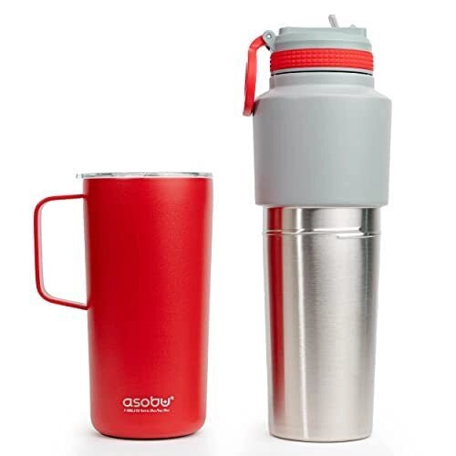 Asobu Twin Pack Bottiglia con Tazza Rosso 0.9 Litri  0.6 Litri
