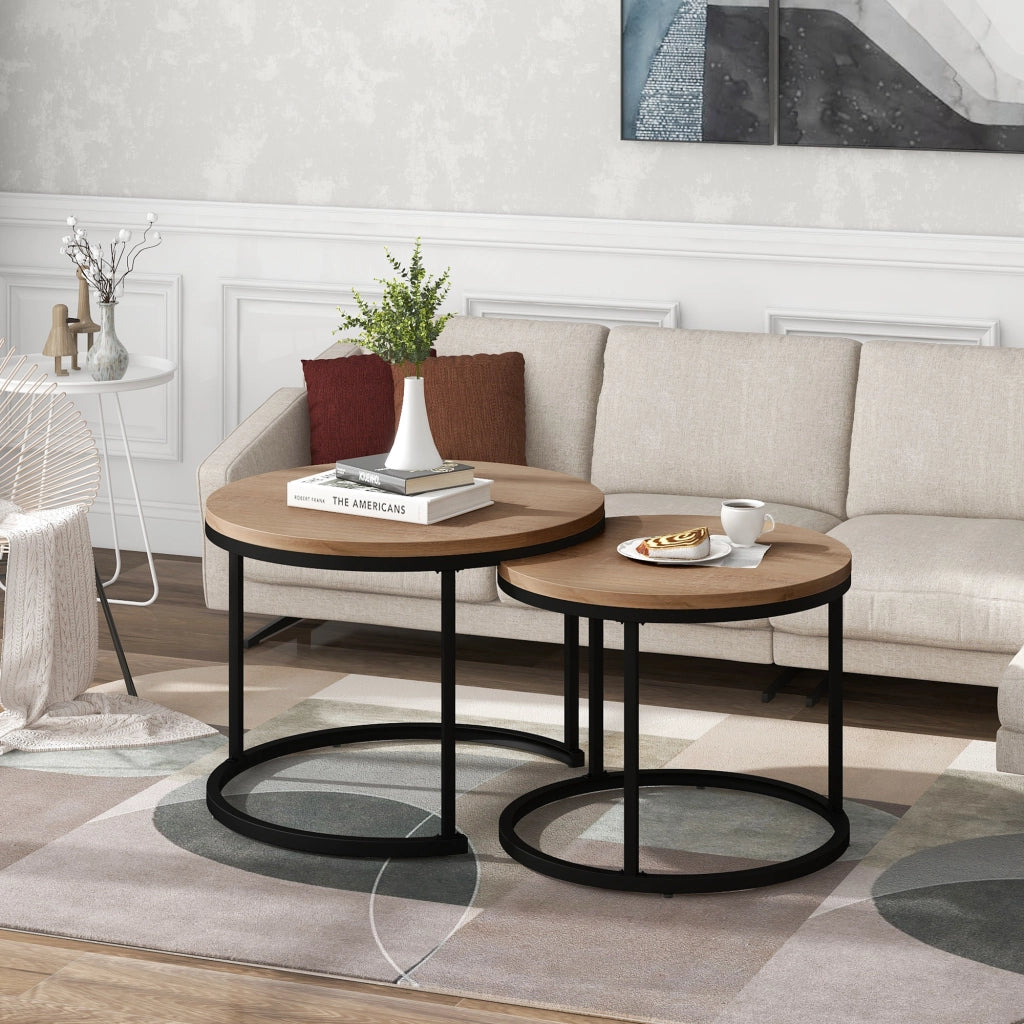Tavolini da Salotto Rotondi Impilabili con 2 Piani; Struttura in Metallo; MDF; Finitura Rovere